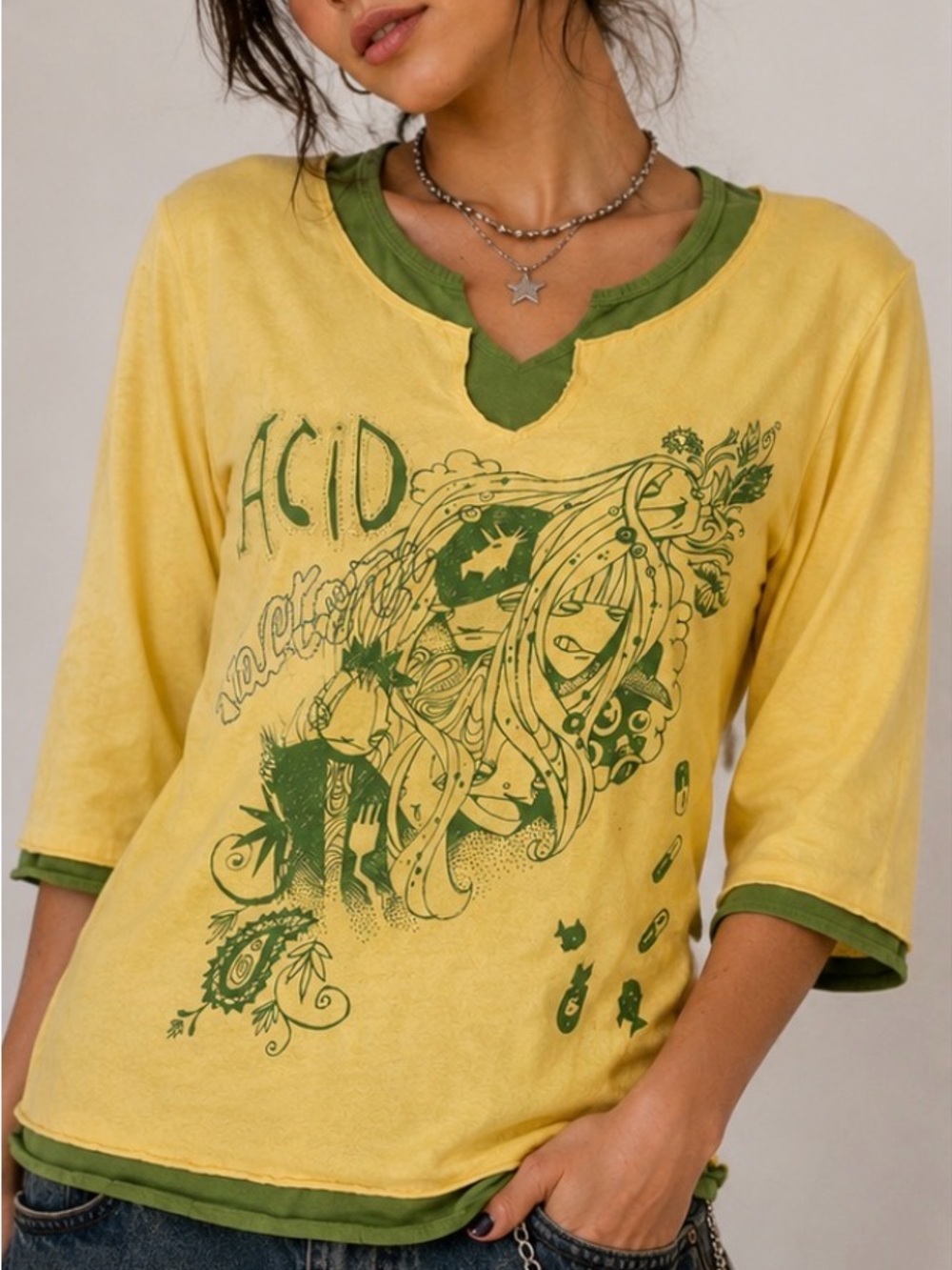 Vintage Y2K Graphic Layered Tee XXL Acid Factory Anime Skater 3/4 Sleeve